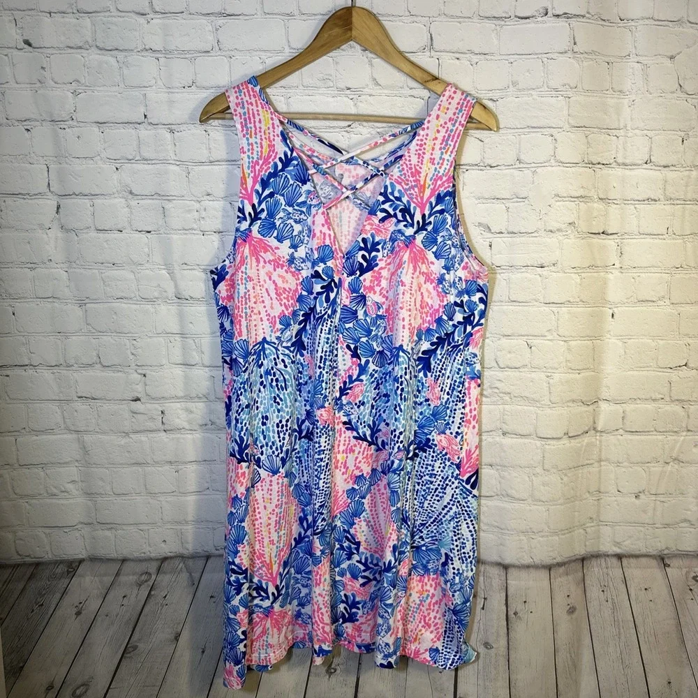 Lilly Pulitzer XL Kristen Swing Dress Blue Tropical Pima Cotton Strappy Back - Picture 9 of 11